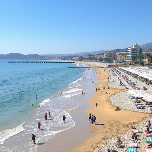 Vista de la playa de Fuengirola con gente disfrutando del sol y el mar